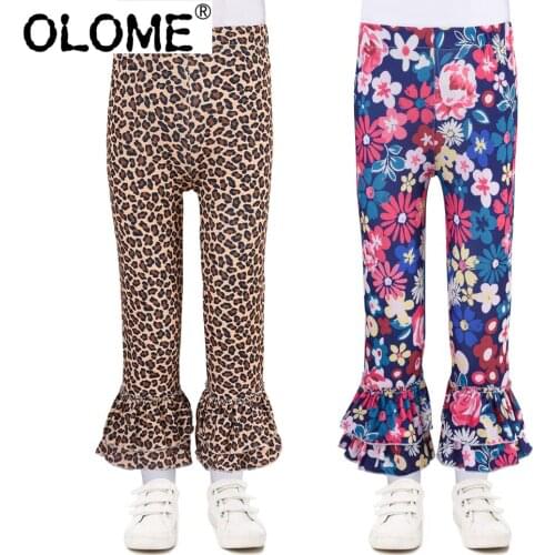 OLEME Leopard Kid Girls Leggings Flared Children Pants Girls Tight Pant Floral Toddler High Waist Trousers Spring Baby Clothing