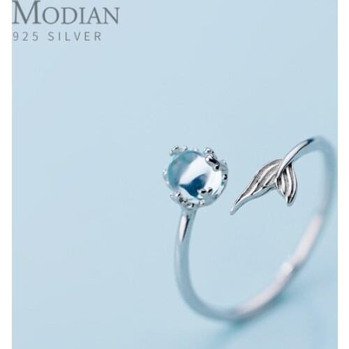 Modian Open Adjustable Sterling Silver 925 Marine Life Ring for Women Gift Blue Crystal Loverly Mermaid Tail Ring Fine Jewelry