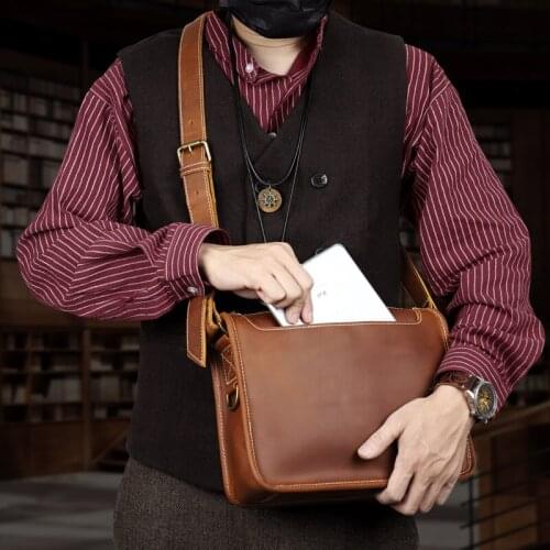 Retro Genuine Leather Mens Shoulder Bag Cowhide Crossbody Messenger Bags Portable Business Sling Bags For Male