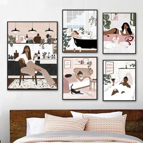 Fashion Woman Bubble Bath Drinking Wine Canvas Poster Abstract Painting Nordic Wall Art Picture For Girl Bedroom Bathroom Decor
