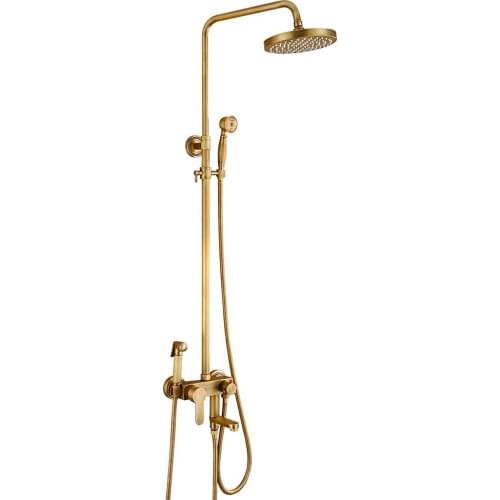 Rozin Brass Antique Bathroom Shower Faucet Set Wall Mount Dual Handle with Handshower + Shelf Brass Bathroom Shower Mixer Tap