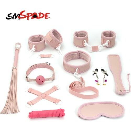 SMSPADE Pink 10Pcs/Set Blindfold,Mouth Gag,Collar,Handcuffs, Ankle Cuffs,Whip,Paddle,Nipples,Rope,Hogtie BDSM Adult Sex Toys Kit