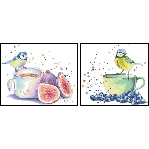 Birds And Teacups Printed Cross Stitch Patterns Embroidery Kits 11CT 14CT DIY Needlework Crafts Sets Home Decor Canvas Paintings