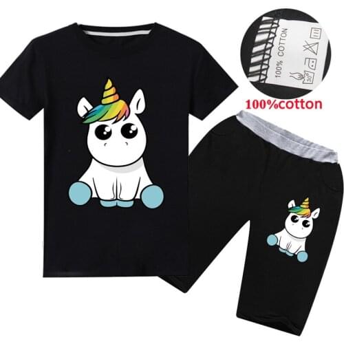 2020 new cartoon Unicorn childrens 100% cotton T-shirt pants summer European and American fashion sports and leisure suit