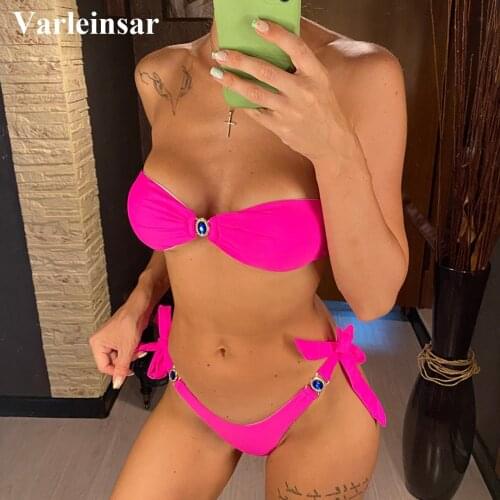 New Shiny Jewelry Bows Shape Bandeau Bikini Women Swimwear Female Swimsuit Two-pieces Bikini set Bather Bathing Suit Swim V3013H