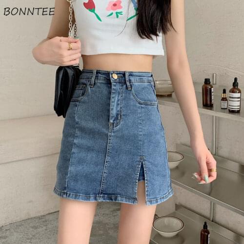 Skinny Mini Skirts Women Summer Girls A-line High Waist Denim Side Slit Pockets Fashion All-match Button Female Popular College