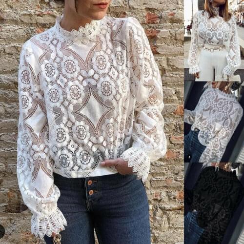 Autumn Women High Neck Lace Floral Tops Ladies Long Sleeve Casual Blouse