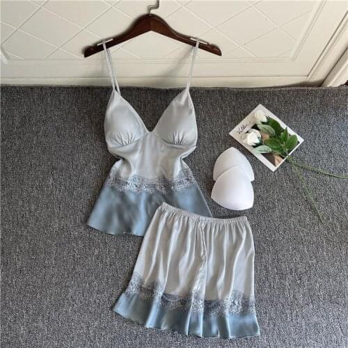 Summer womens pajamas sexy with chest pad ice silk suspender shorts sexy hollow fresh and cute home service two-piece suit