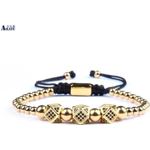 Ailatu New Luxury Irregular Geometric Faced CZ Rivet Braiding Bracelets With Stainless Steel Beads Top Quality
