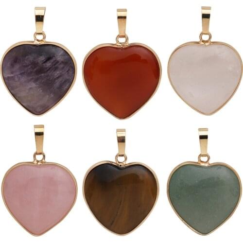 Natural Semi-precious Stone Pendants Amethyst Rose Quartz Heart Shape 20mm Size Gold and Silver Edge 8 Colors for Choice