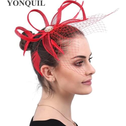 Sinamay Red Mesh Wedding Headwear Bridal Elegant Fascinator Hair Accessories Net Hat Women Mariage Fancy Headdress For Ladies