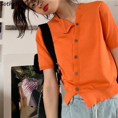 Women Short Sleeve T-shirts Solid Irregular Design Fashion Slim Teenagers Leisure All-match Knitted Bm Style Retro Sweet Chic