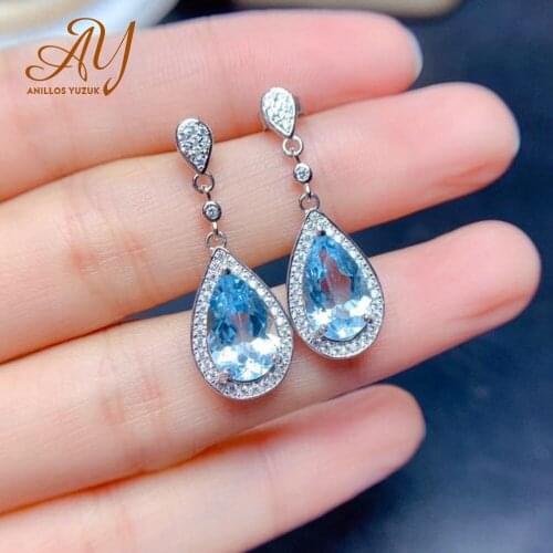 Anillos Yuzuk Water Drop Sky Blue Topaz Stud Earrings 925 Sterling Silver Earrings For Women Korean Earings Fashion Jewelry