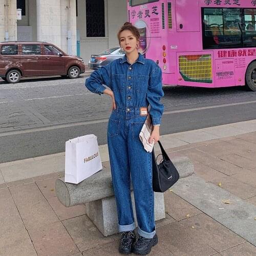 Denim Jumpsuit Women 2021 Elegant Long Sleeve Slim Casual One Piece Jeans Pants Female Spring Autumn Fashion Wide Leg Overalls