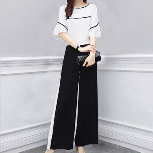 Fashion Suit Female Summer Autumn Short Sleeve Top Suit + High Waist Elastic Wide Leg Pants Large Size Two Pieces Set
