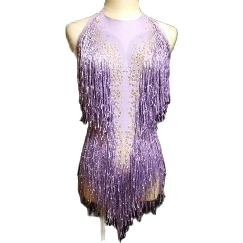 Sleeveless Purple Women Bodysuits Shining Tassel Diamonds Jumpsuits Nightclub Bar DJ Singer Performance Jazz Dance Stage Costume