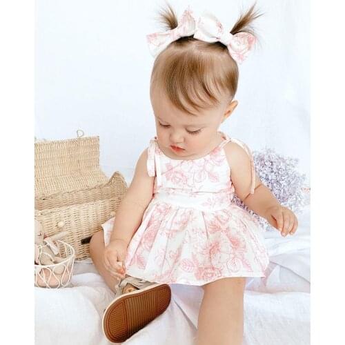 2021 New Summer Little Girls Lace-up Suspender Dress and Headband Fashion Flower Snap Crotch/Button Decor A-line Dress