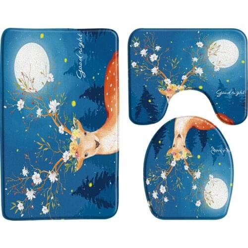 Sika Deer Bath Mat 3 Pcs Set Night Scenery Cartoon Animals Bathroom Rugs Bathtub Carpet Anti-Slip Toilet Mats Bathroom Products