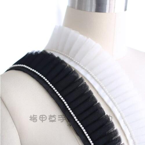 5cm 3D Pleated Mesh Lace Fabric Ruffled Pearl Chain Lace Embroidered Collar Ribbon Trims Sewing Clothing Skirt Splicing Material