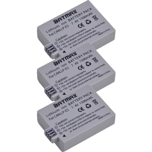 3x High-Capacity 1500mAh LP-E5 LPE5 LP E5 Battery for Canon EOS Rebel XS, Rebel T1i, Rebel XSi, 1000D, 500D, 450D, Kiss X3,X2, F