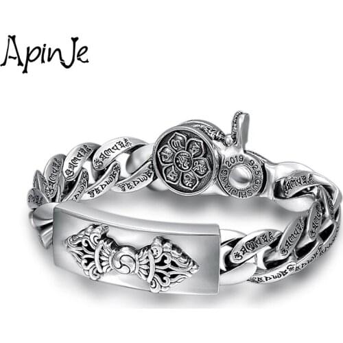 Apinje Vintage Chain Bracelet 925 Sterling Silver Vajra Men Heavy Thick Personality Six Words Mantra Mens Punk Jewelry Gift