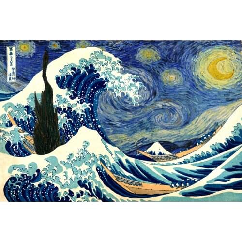Home decor seascape canvas painting posters art print Van Gogh Starry night and The Great Wave at Kanagawa Katsushika Hokusai