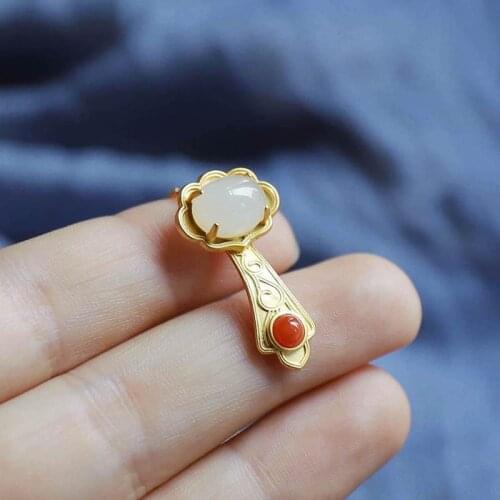 Natural Hetian Jade White Jade Ruyi S925 Sterling Silver Pendant Jade Antique and Ethnic Style Vintage Gilding Craft Necklace