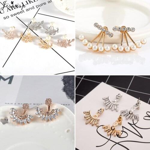 Jisensp Delicate Crystal Leaf Ear-jacket Gold Silver Color Back Cuff Stud Earrings for Women Statement Jewelry Ear Studs