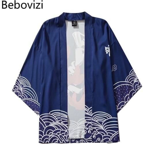 Bebovizi Vintage Carp Print Japanese Kimono Cardigan Summer Fashion Women Blue Clothing Jacket Shirt Traditional Yukata Haori
