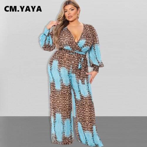 CM.YAYA Women Plus Size Jumpsuit Print Cleavage Bandage Wide Leg Jumpsuits Sexy Fashion Chiffon One Piece Overalls Autumn Romper