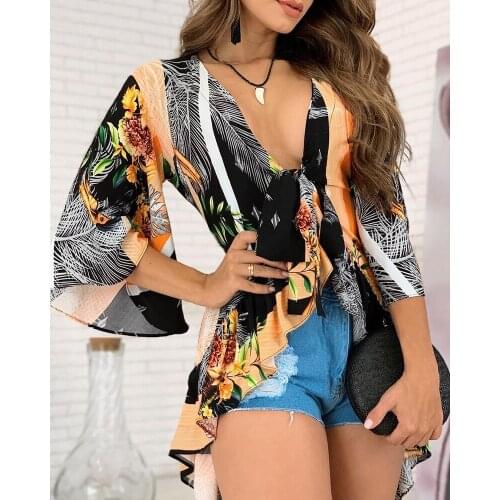 Summer Elegant Vintage Floral Print Irregular Blouse Women Shirt Sexy V-Neck Tie-Up Tops Female Fashion Loose Sleeve Blusa