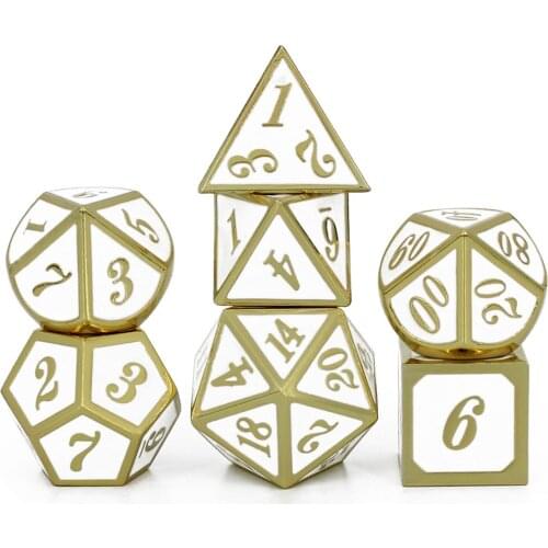 Metal Dice D4 D6 D8 D10 D% D12 D20 with Black Soft Drawstring Pouch for DnD RPG Board Games Gold & White 7 pcs dice set box