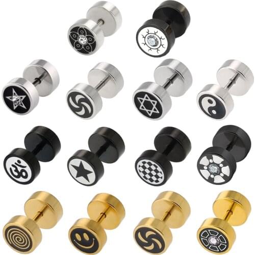 Alisouy 1 Pair Unisex Gold/Steel Barbell Titanium Steel Men Earrings Star Taiji Punk Piercing Ear Stud Male Women Jewelry