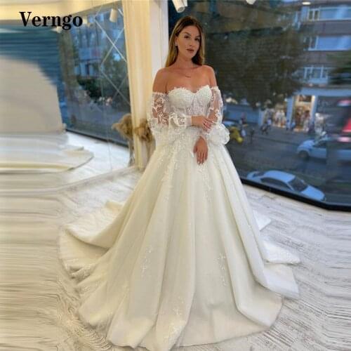 Verngo Elegant Lace Applique A Line Wedding Dress Off the Shoulder Puff Long Sleeves Bridal Gowns Chapel Train Luxury 2021