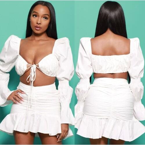 Puff sleeve sexy skirt sets 2 pieces women bandage lace up white crop top and ruffled mini skirts