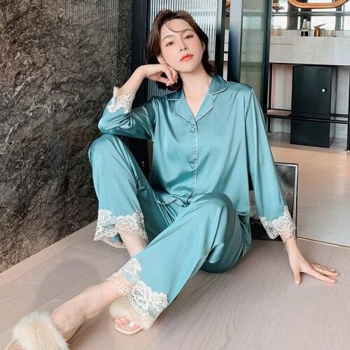 2021 Spring New Women Silky Pajamas Set Sexy Solid Satin Ladies Sleepwear Pijama Long Women Pyjamas Suit Lace Trim Nightwear
