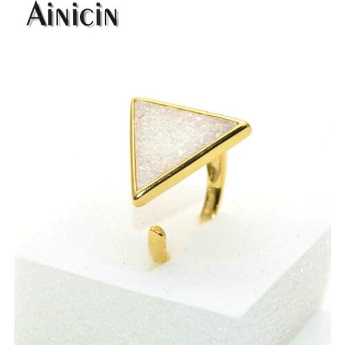 925 Silver Wedding Ring Triangle Shape Black White Natural Drusy Crystal Fashion Open Adjustable Size Ring Women Party Jewelry