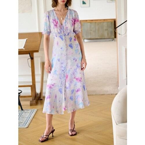 Blooming Print Women V-Neck Midi Dress 2021 Spring Summer Short Sleeve Single-Breasted Sweet Long Dresses