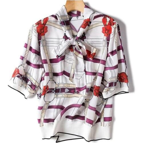100%silk spliced women new fashion printed patchwork color shirt knotted neck short sleeve white M/L