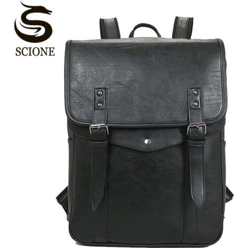 Scione Men Backpacks PU Leather Rucksack Unisex School Bag For Teenager Black Male Backpack Travel Bolsas Mochila Feminina