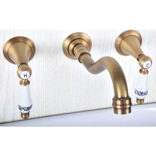 Antique Brass Widespread Wall-Mounted Tub 3 Holes Dual Ceramic Handles Kitchen Bathroom Tub Sink Basin Faucet Mixer Tap asf515