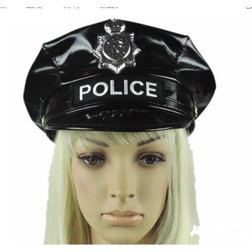 Black PU Military Hat Performance Stage Show Octagonal Cap Police Hat For Girls