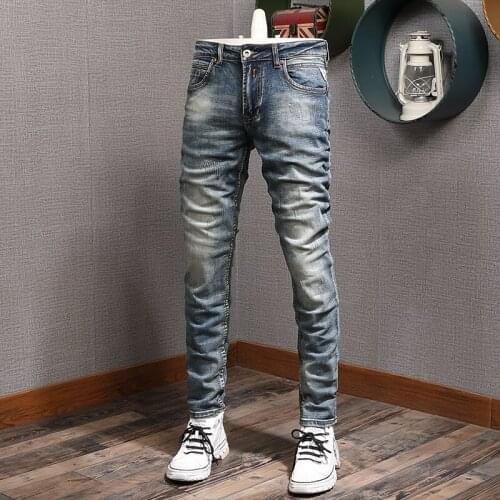 Italian Style Fashion Men Jeans High Quality Retro Blue Elastic Slim Fit Ripped Jeans Men Vintage Designer Casual Denim Pants