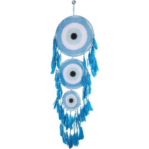 E56C Feather Pendant Blue Three-ring Concentric Dream Catcher Woven Wall Hanging Decor Handmade Antique Exquisite Bedroom Living
