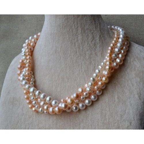 Elegant Flower Girl Pearl Necklace,18inches 6-9mm White Pink Color Mixes Real Freshwater Pearl Necklace