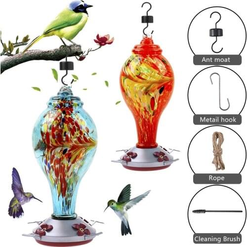 Hummingbird Feeder Hand Blown Glass Hanging Bird Feeder Drinker Food Container for Outdoors Patio Garden Yard Decoration