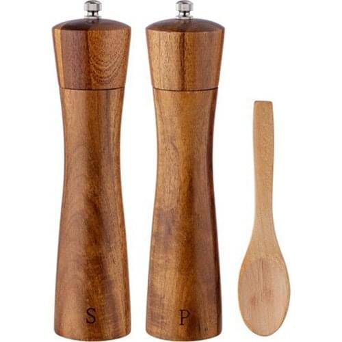 Salt and Pepper Grinders,Wood Salt&Pepper Mill Set with Wooden Spoon,Adjustable Ceramic Grinder,for Cooking and Serving