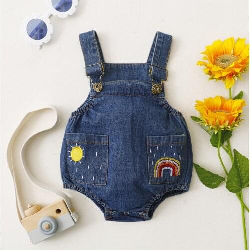 0-18M Newborn Baby Boys Girls Casual Suspender Jumpsuits Sun and Rainbow Embroidered Print Denim Romper Bodysuits