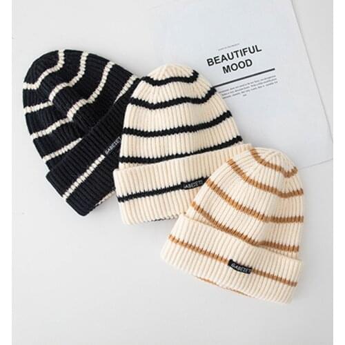 2020 New Striped Knitted Hat Women Beanies Men Autumn Winter Cone Turn-up Woolen Cap Unisex Thicken Warm Beanni Hat Earmuffs