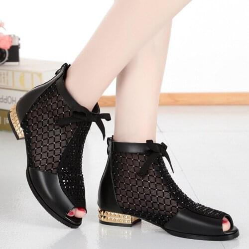 New Cool Net Boots Fashion Rhinestone Bowknot Net Yarn Women Boots Leather Women Shoes Hollow Fish Mouth Short Boots